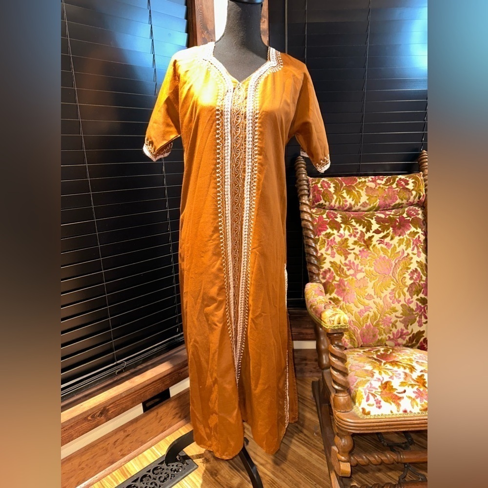 Sari Sapne Dress Dark Senape Cream Embroidery Size Small